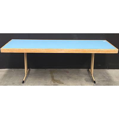 Folding Trestle Tables, Timber & Blue Laminate - Lot of 2
