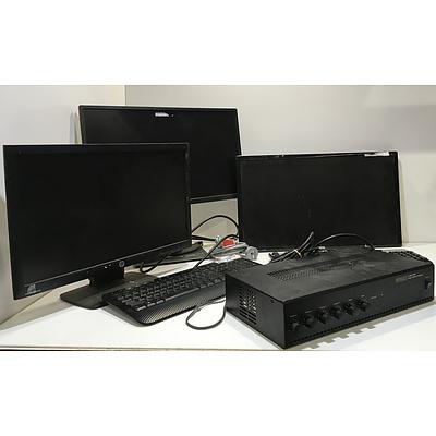 Dell And Benq Monitors, Keyboards For Parts Or Repair Only And Redback A4046 100w Public Address Amplifier - Lot Of 6