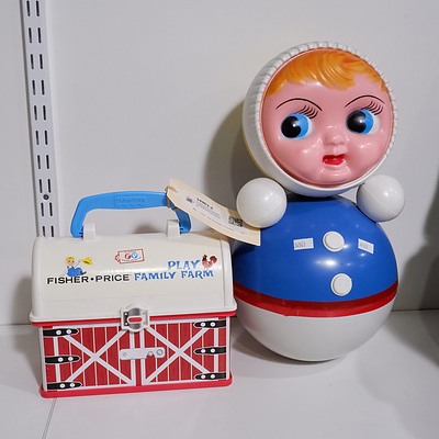 Vintage Fisher Price Family Play farm and a Kewpie Style Weighted Rocking Doll (2)