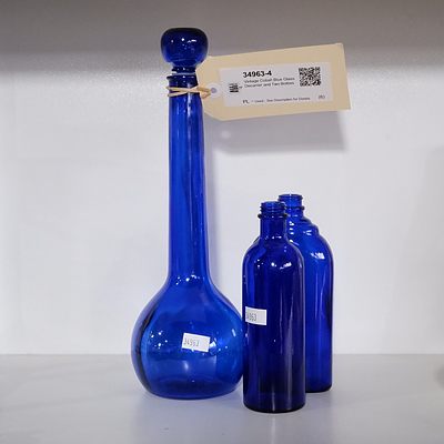 Vintage Cobalt Blue Glass Decanter and Two Bottles
