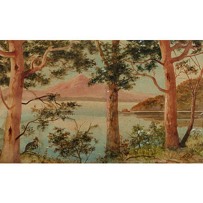 Alf ASHLEY, View of Pittwater with Kangaroo, 1927, Watercolour & Gouache