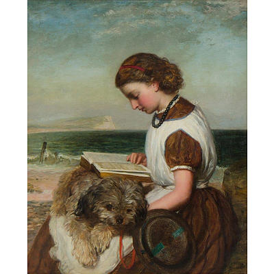 James Clark WAITE (1832-1921), Girl Reading with Dog on Her Lap, British Coast, Oil on Canvas