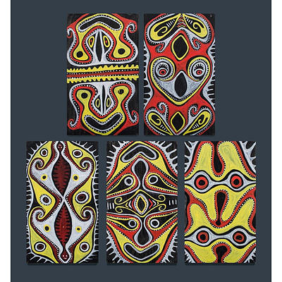  Rex MAUKOS (Papua New Guinea b.1964), 5 hand-painted works, each inscribed: Rex Maukos, Kwoma Arts, Tongunjamb Village Arnbunti, E.S.P. , Acrylic on Card (5) 