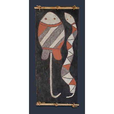 Artist Unknown, (Aboriginal/Yolngu), File Snake and Stingray, Bark Painting