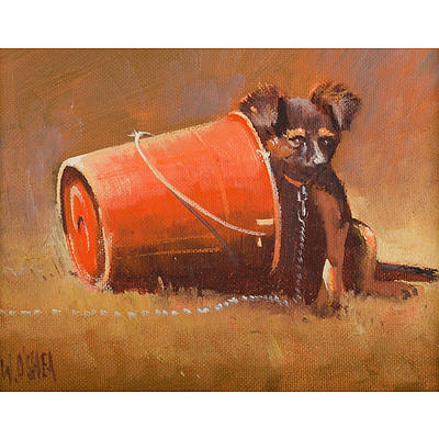 William (Bill) O'SHEA (b.1934) (2) 'Been A Hard Day,' 1988; & 'Pup & Bucket,' 1988, Oil on Canvas Board (2)