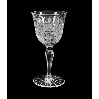 Large Fancy Cut Crystal Decanter. With five matching wine glasses (one with rim chip).