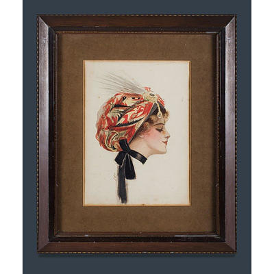 Artist Unknown, Profile Portrait of a 1920s Young Woman, watercolour