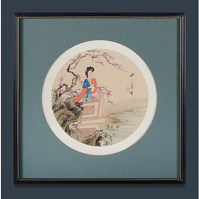 Chinese School (3) Silk Roundels each depicting a Woman in a Garden , Watercolour on Silk