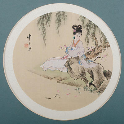 Chinese School (3) Silk Roundels each depicting a Woman in a Garden , Watercolour on Silk