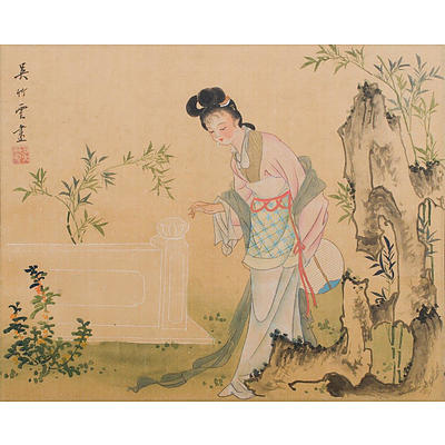 Chinese School (4) 2 Depicting Chinese Ladies in a Garden 25x31cm (each image); & 2 with Flowers, Bird & Butterfly 38x15cm (each image)., Watercolour on Silk (4)