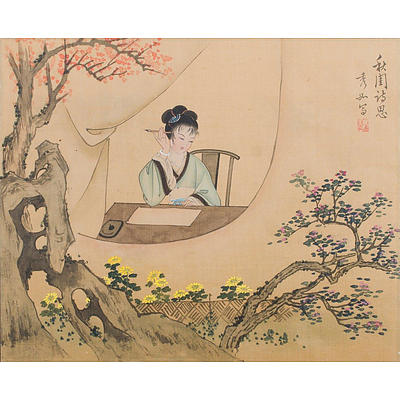 Chinese School (4) 2 Depicting Chinese Ladies in a Garden 25x31cm (each image); & 2 with Flowers, Bird & Butterfly 38x15cm (each image)., Watercolour on Silk (4)
