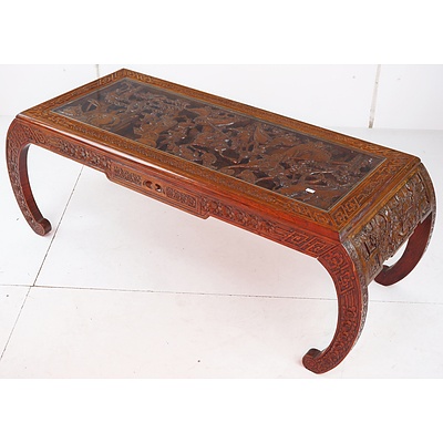 Vintage Chinese Coffee Table with Heavily Carved Decoration and Glass Insert Top