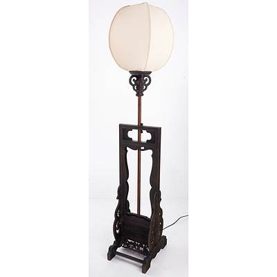 Chinese Carved Timber Floor Lamp with Linen Shade