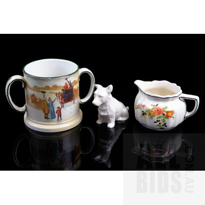 Two Early 20Th Century Royal Douton Jugs and a Belleek Terrier Figurine