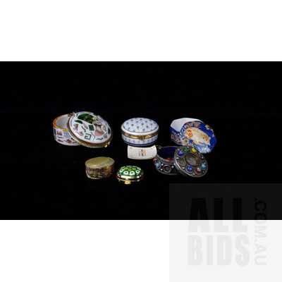 Six Miniature Pin Boxes, Porcelain, Alabaster and Millefiori Glass 