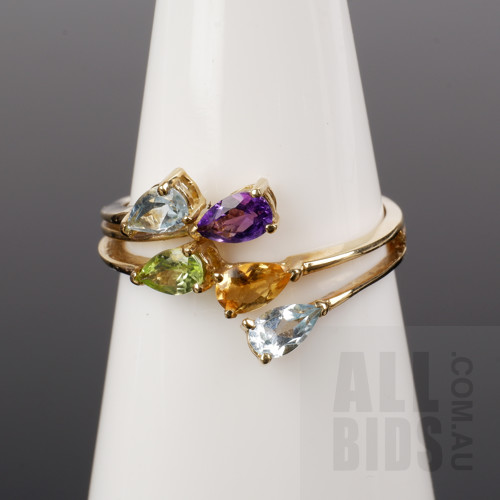 9ct Yellow Gold Ring with Pear Shaped Topaz, Citrine, Amethyst and More, 1.85g