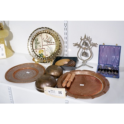 Various Copper and Brass Plates & Bowls, Silverplate Teaspoons, Hand Turned Wooden Paperweight with Mounted Coin