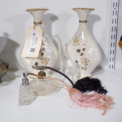 Pair of Italian Canova Vases, Two Cut Crystal Perfume Atomisers and Kosta Boda Giraffe