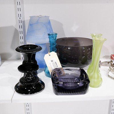 Assorted Vintage Bowls and Vases and a Contemporary Glass Table Lamp