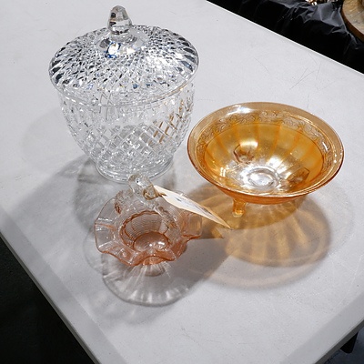 Westmore hand Cut Crystal Punchbowl, Carnival Glass Footed Bowl, Pink Depression Glass Bon Bon Basket