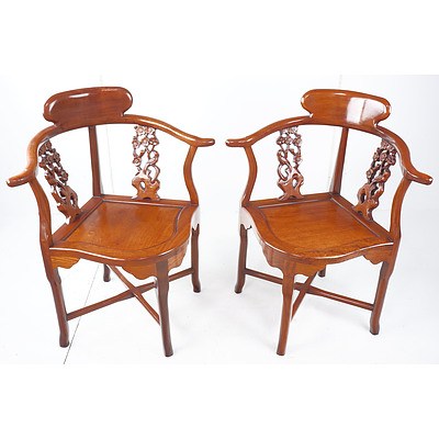 Pair of Antique Style Chinese Rosewood Corner Chairs with Carved Bird and Blossom Decoration