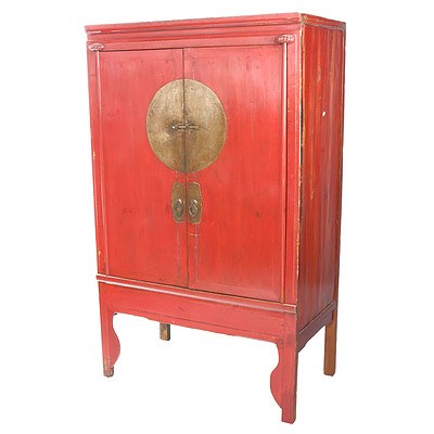 Vintage Oriental Red Lacquered Pine Two Door Storage Cabinet with Brass Hardware