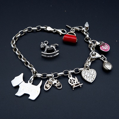 Sterling Silver Charm Bracelet with Various Charms, 27.7g