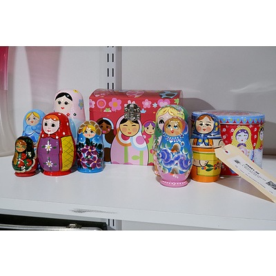 Collection of Babushka Dolls, Music Box and Tin