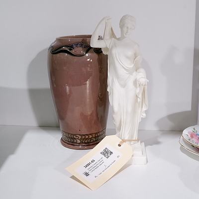 Japanese Ceramic Vase with Deco Styling and a Grecian White Marble Statuette