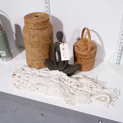 Two Retro Macrame Hangers, Yogic Pose Metal Statue and Two Decorative Lidded Baskets