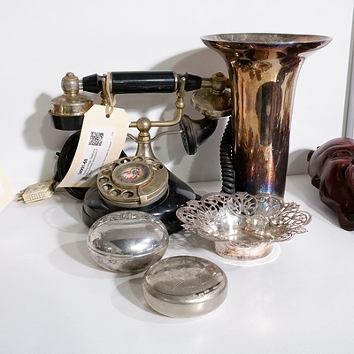 Replica Vintage Telephone and Assorted Silverplate Pieces