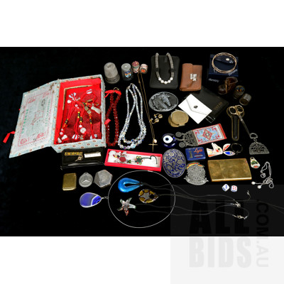 Large Collection of Costume Jewellery and Curos, Including Glass Pendants, Brass Cigarette Case, Novelty Shot Glasses
