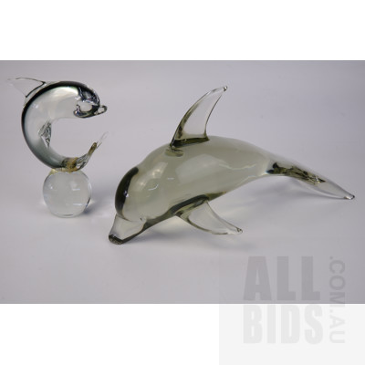 Vintage Large Smokey Citrine Studio Glass Dolphin Signed by Artist and Another