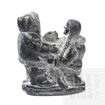 Canadian Soapstone Figure of Inuits and a Seal by Wolf Sculptures