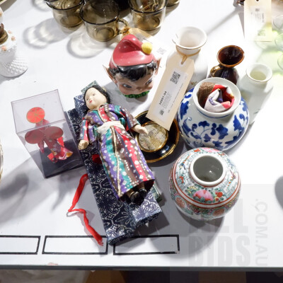 Collection Japanese Porcelain Including Vintage Lidded Elf Pot, Famille Rose Ginger Jar, Traditional Doll and More