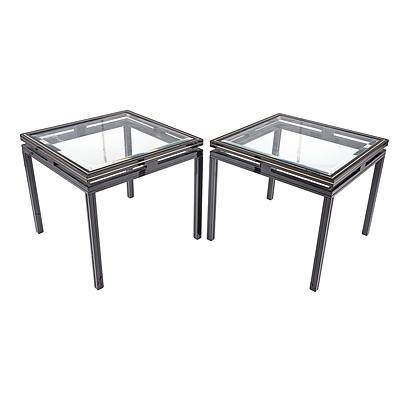 Pair Pierre Vandel Paris Black Aluminum and Bevelled Glass Side Tables