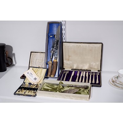 Assorted Vintage Silverplate Flatware Sets in Cases and a Boxed Granton Two Piece Carving Set