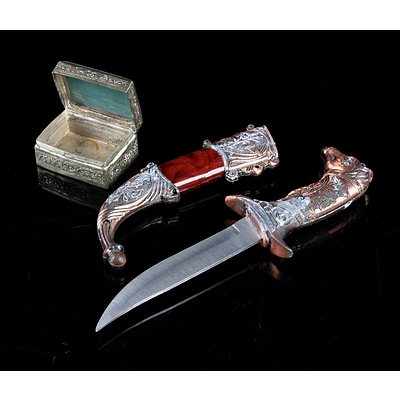 Eastern Copper Tone Dagger with Horse Handle and a Silver Trinket Box with Gemstone Lid