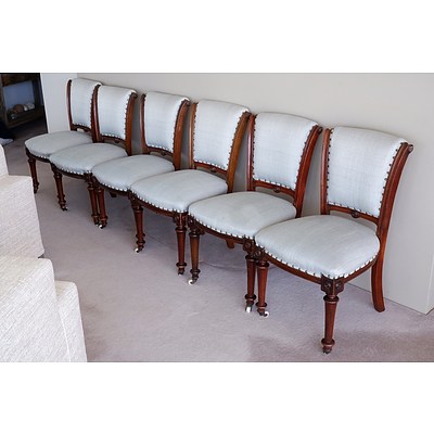 Six Late Victorian Mahogany Dining Chairs with Contemporary Beige Fabric Upholstery