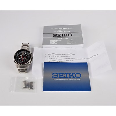 Seiko Gents Prospex Aviator Solar Watch Cal V175 1/5 Chronograph with Instruction Book and Two Spare Links