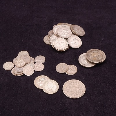 Collection of New Zealand Coins, 3D, Shilling, Florins, 6D, 1/2 Crown,