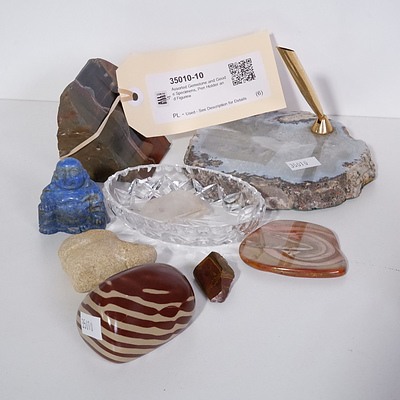 Assorted Gemstone and Geode Specimens, Pen Holder and Figurine