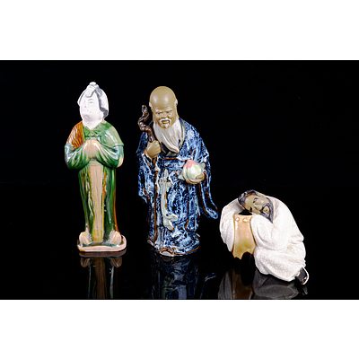 Vintage Chinese Mudman Figurine and Two Porcelain Figurines