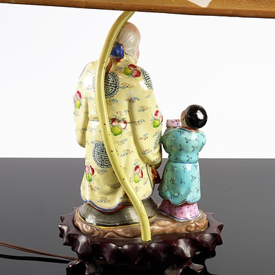 Vintage Chinese Figural Porcelain Table Lamp with Hand Painted Silk Shade