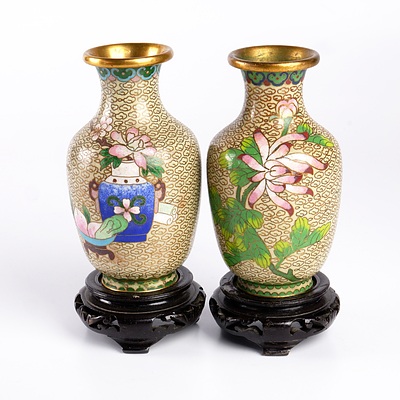Pair of Vintage Cloisonne Vases on Wooden Stands