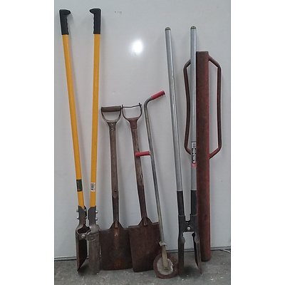 Lot Of Assorted Tools, Including Star Picket Driver, Edger, Post Hole Shovels