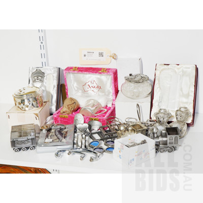 Quantity of Metal Commemorative Items Including Pewter Babys First Tooth Train Carriages, Silver Plate Cup Set in Presentation Box and More