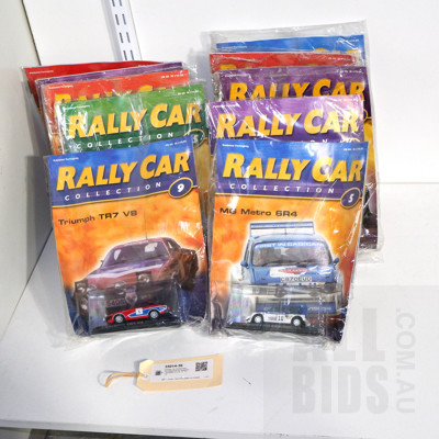 Quantity Ten Sealed Rally Car Magazines by Deagostini, Numbers 5, 8-10, 12, 14-18