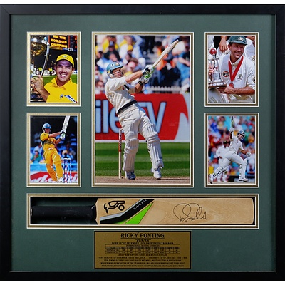 Framed Ricky 'Punter' Ponting memorabilia - Five Photos, Signed Miniature Bat and Statistics Plaque