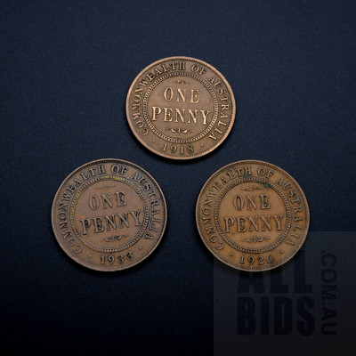 Three Australian Pennies 1918, 1926, 1933